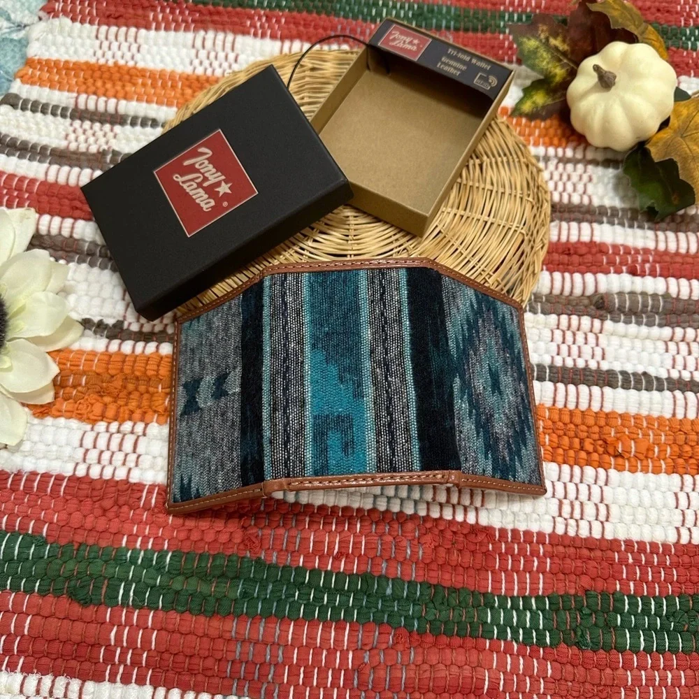 New Tony Lama Tri-Fold Wallet RFID Blue Aztec Canvas Leather Cowboy Western